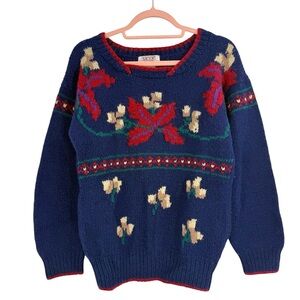 Skyr 100% Shetland Wool Floral Nordic Sweater Vintage Hand-Knit Blue Red, 34